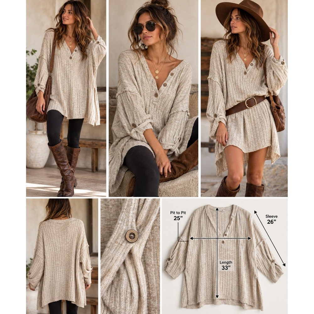 Free People Intimately Around the Clock Oversized Tunic Sweater M Oatmeal Boho
